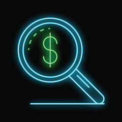 Neon magnifying glass focusing on a us dollar sign, symbolizing financial analysis and investment opportunities