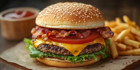  Close-up of juicy cheeseburger stacked with melted cheddar, crispy bacon, lettuce, and tomatoes.