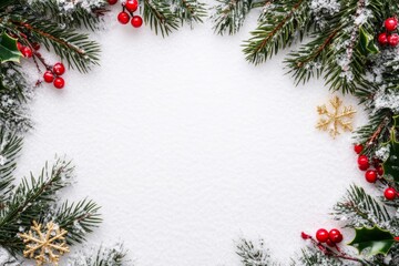 Snowy pine branches with red berries and golden snowflakes framing a frosted white background.