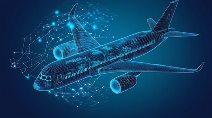 Abstract depiction of a digital blue aircraft data concept, displaying complex network connections and data streams, symbolizing innovation and efficiency in air transportation systems.