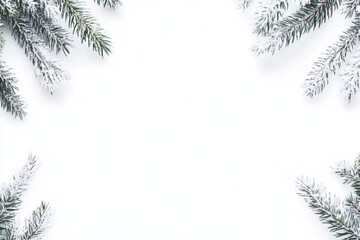 Snow-covered pine branches and glowing lights forming a frame on a starry soft blue background.