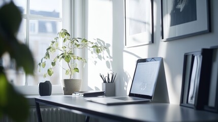 Bright and Serene Workspace with Laptop and Green Plant by the Window