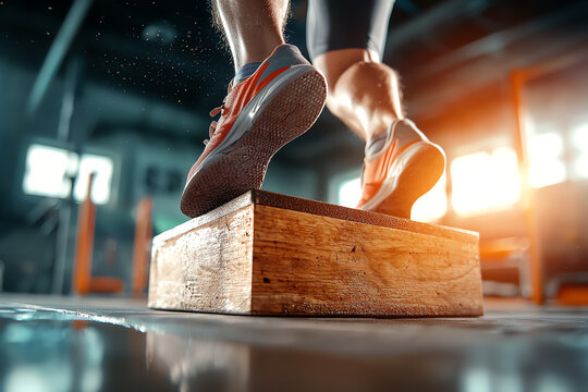 Athlete performing exercise on wooden box