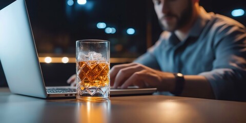 Man working on a laptop with a glass of whiskey beside him, night setting, blurred background lights, focus on the glass and the keyboard, selective focus


