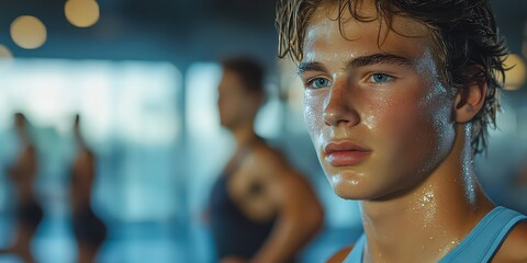  Close-up of a young athlete sweating after intense workout, showing focus and determination in a brightly lit gym setting, symbolizing hard work and perseverance.