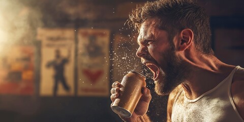 Man aggressively crushing a beer can in a bar, dramatic lighting, intense expression, raw emotion, bar atmosphere, focus on the action, selective focus

