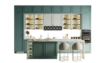 Modern kitchen decorated with light green cabinets on transparent background- 3D rendering