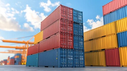Vibrant Shipping Containers Stacked at Busy Port with Global Map Background