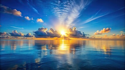 Minimalist rising sun over calm ocean with white clouds in blue sky