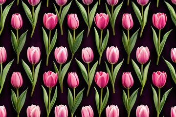 Fototapeta premium Minimalist seamless pattern with pink tulips flowers on black background