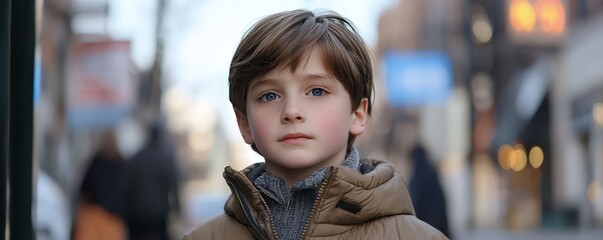 Fototapeta premium A young boy with brown hair and blue eyes in a city street.