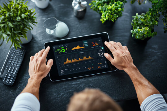 Person analyzing data on a tablet device.