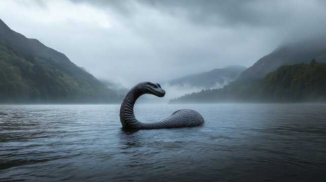 Loch Ness monster in foggy lake.