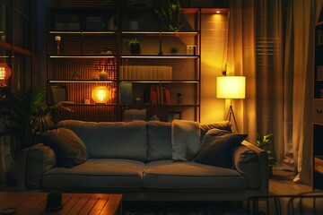 Interior of living room with sofa and bookshelf. 3D rendering