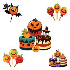 Bat-shaped Lollipops, cakes, Candy Apple Pops Halloween items set collection vector illustration background