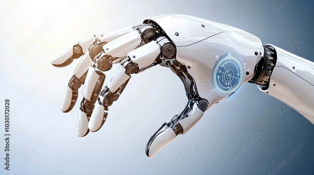Poster futuristic robot hand with digital interface