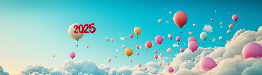 Illustrate cartoon characters floating in the sky with colorful balloons, each representing a goal or dream for the New Year, with 2025 written in the clouds