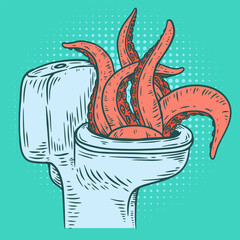 Octopus tentacles emerge from toilet. Hand drawn vector art in sketch style. Creative fashion illustration for print, tattoo.