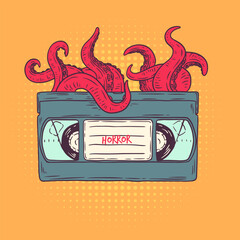 Octopus tentacles emerge from vhs video cassette. Hand drawn vector art in sketch style. Creative fashion illustration for print, tattoo.