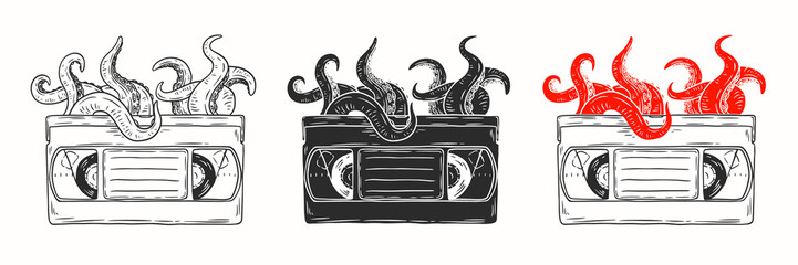 Octopus tentacles emerge from vhs video cassette. Hand drawn vector art in sketch style. Creative fashion illustration for print, tattoo.