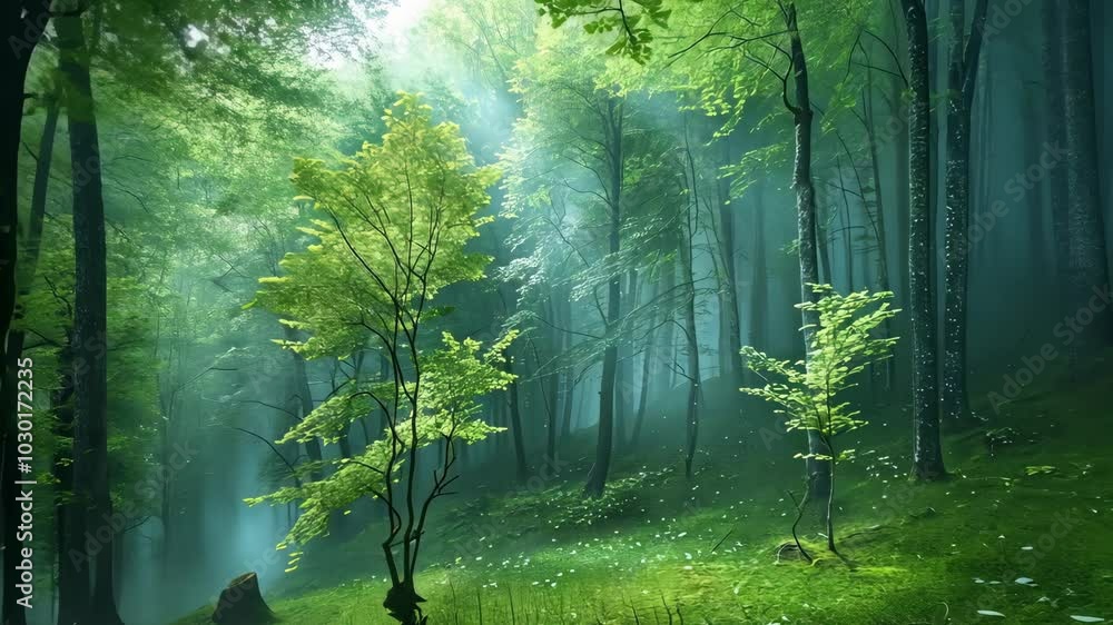 Poster sunlight streams through the dense trees in a misty forest
