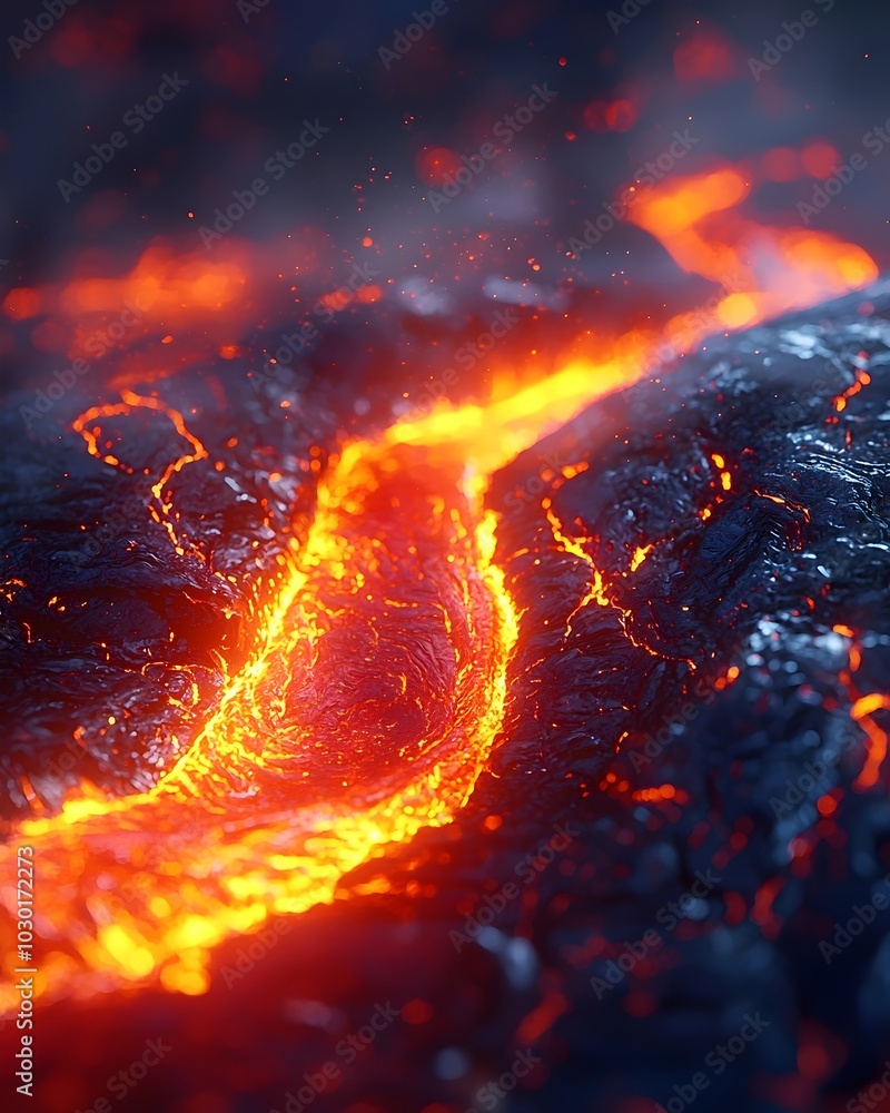Poster molten lava flows through a crack in the earth, creating a fiery spectacle.