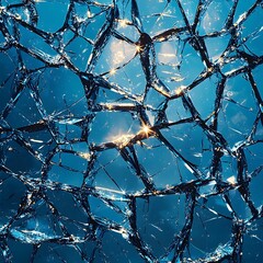 A close-up of a shattered glass surface reflecting light, creating a mesmerizing abstract pattern.