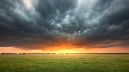 Obraz premium Dramatic sunset over lush green field with approaching storm clouds enhancing nature's beauty and power