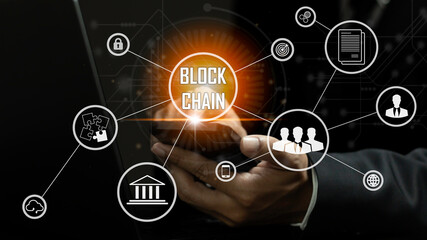 businessman touching a smart contract and executing a cryptocurrency transaction with blockchain...
