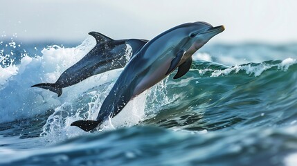 Fototapeta premium Dolphins Leaping Through a Wave