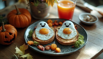 Charming Halloweenthemed breakfast for two with ghostshaped fried eggs on toast, pumpkins, and vibrant drinks, beautifully arranged on a wooden table under soft morning light