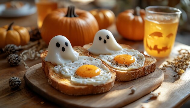 Charming Halloweenthemed breakfast for two with ghostshaped fried eggs on toast, pumpkins, and vibrant drinks, beautifully arranged on a wooden table under soft morning light