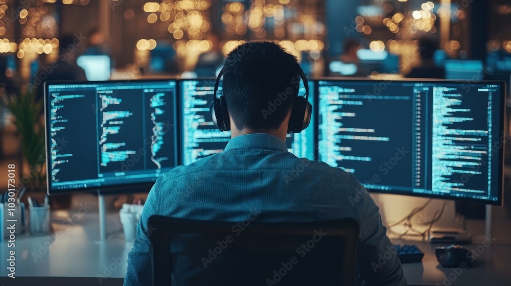Poster data scientist in big infrastructure control and monitoring room with neural network. young engineer