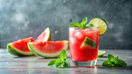 Fototapeta premium Minimalist summer mocktail with watermelon, lime, mint nestled on a rustic wooden surface.