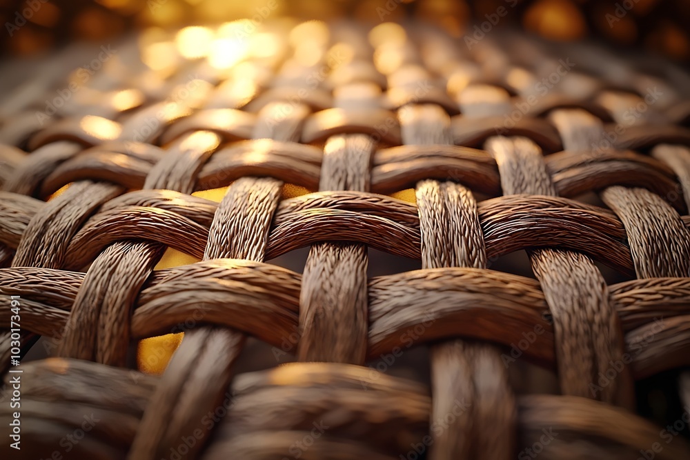 Poster close-up shot of woven wicker with a warm glow of light shining through the intricate pattern. the t