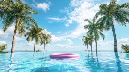 Tropical Infinity Pool with Pink Float and Palm Trees
