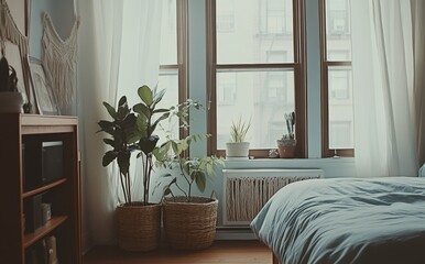 This home features a rustic design with ethnic boho decor. The bed has pillows and wooden furniture is made of wood.