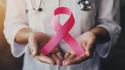 Doctor Holding Pink Ribbon for Breast Cancer Awareness