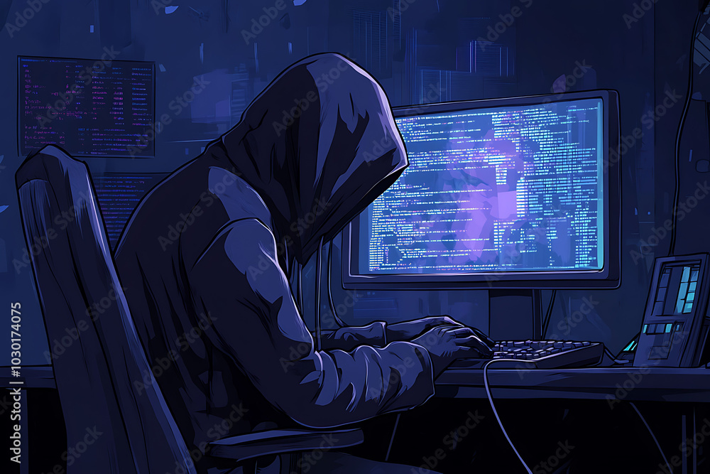 Poster a hooded figure typing on a keyboard in a dimly lit room filled with screens and code.