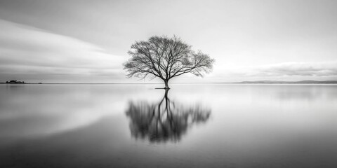 Fototapeta premium Minimalist tree standing in a lake with a black and white color scheme, showcasing a wide landscape in nature photography.