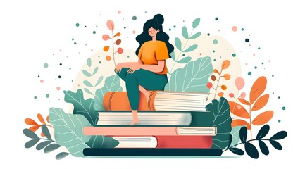 Artistic Depiction of a Female Student Leaning on Books: Celebrating Learning and Literature in a Freehand Style