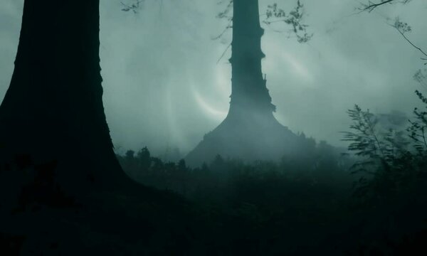 Handheld with spectral sounds: The camera starts in a dark, ancient forest with spectral sounds echoing through the trees. The camera shakes as it captures the demon&rsquo;s glowing eyes peering out from th