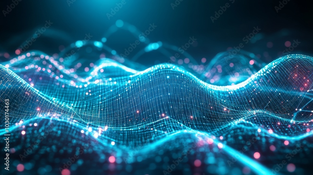 Poster illustration of big data and cybersecurity. relationship between neural networks and stocks. global 