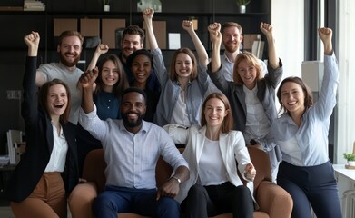 The office lobby is filled with a happy team of diverse corporate employees.