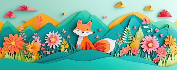 Adorable paper cutout fox in a colorful landscape with flowers and mountains, perfect for nature and animal illustrations.