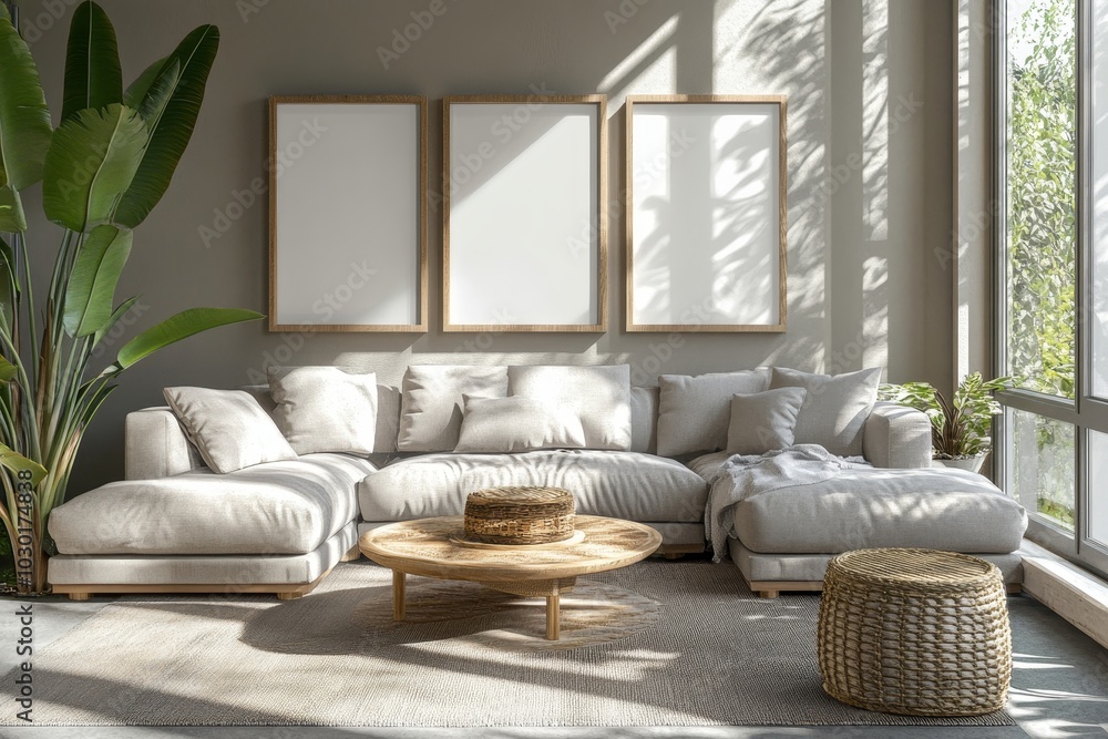 Poster 3d rendering and illustrations of a frame and poster mockup in a boho style interior.
