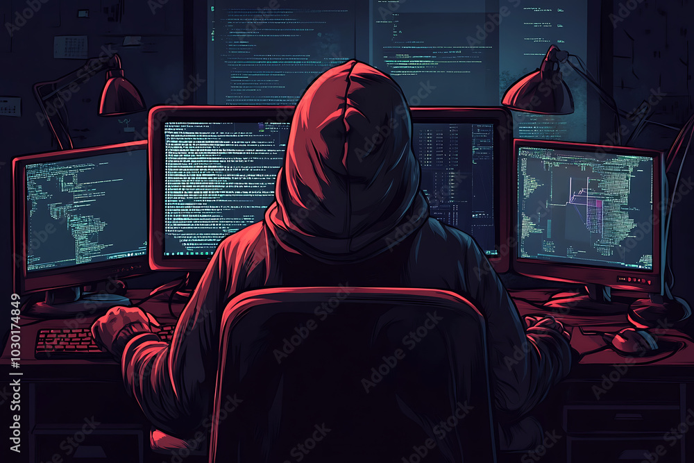 Poster a hooded figure sits at a desk with multiple monitors displaying code and data.