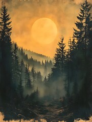 A mystical forest scene with a large, glowing sun setting behind the tall trees. The mist adds to the enchanting atmosphere.