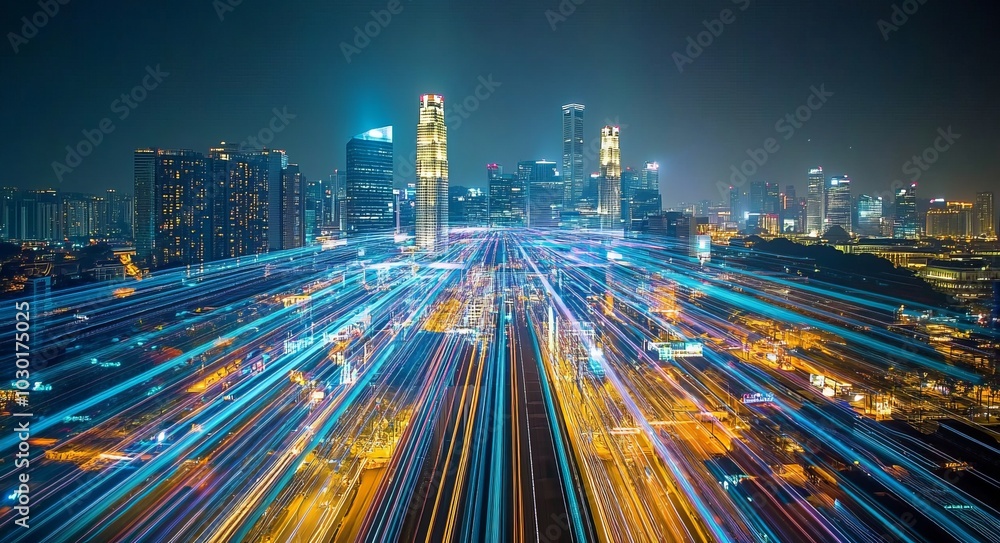Poster connecting dots in smart cities with gradient grids, the connection technology metaverse concept. sm
