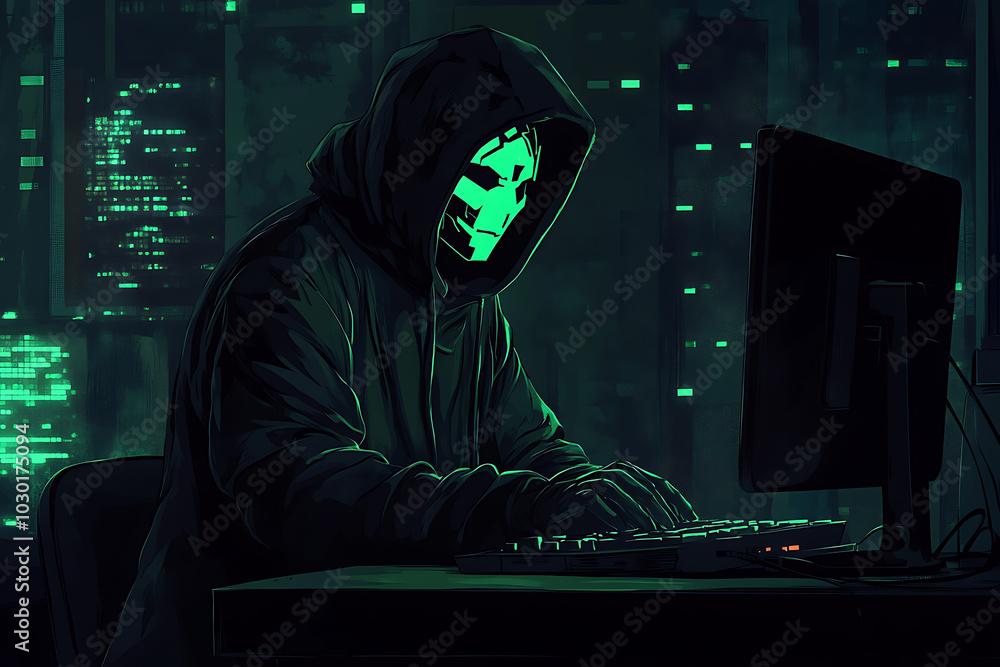 Poster a hooded figure with a mask types on a keyboard in a dark, futuristic environment.